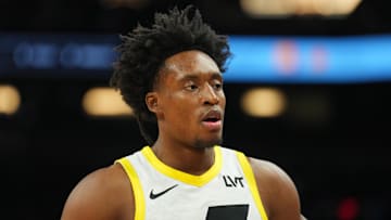 Jan 11, 2025; Phoenix, Arizona, USA; Utah Jazz guard Collin Sexton (2) looks on against the Phoenix Suns during the first half at Footprint Center. Mandatory Credit: Joe Camporeale-Imagn Images