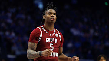 Feb 8, 2025; Lexington, Kentucky, USA; South Carolina Gamecocks forward Nick Pringle (5) reacts to the action during the first half against the Kentucky Wildcats at Rupp Arena at Central Bank Center. Mandatory Credit: Jordan Prather-Imagn Images