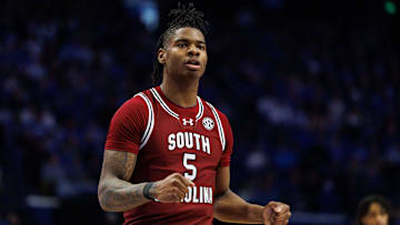 Feb 8, 2025; Lexington, Kentucky, USA; South Carolina Gamecocks forward Nick Pringle (5) reacts to the action during the first half against the Kentucky Wildcats at Rupp Arena at Central Bank Center. Mandatory Credit: Jordan Prather-Imagn Images