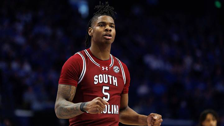 Feb 8, 2025; Lexington, Kentucky, USA; South Carolina Gamecocks forward Nick Pringle (5) reacts to the action during the first half against the Kentucky Wildcats at Rupp Arena at Central Bank Center. Mandatory Credit: Jordan Prather-Imagn Images
