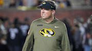 Nov 15, 2025; Columbia, Missouri, USA; Missouri Tigers head coach Eliah Drinkwitz on field against the Mississippi State Bulldogs prior to a game at Faurot Field at Memorial Stadium. Mandatory Credit: Denny Medley-Imagn Images