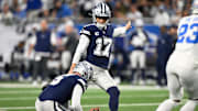 Dallas Cowboys place kicker Brandon Aubrey kicks a field goal during the first half against the Detroit Lions at Ford Field.