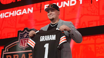 Apr 24, 2025; Green Bay, WI, USA; Michigan Wolverines defensive lineman Mason Graham is selected by the Cleveland Browns as the number five pick in the first round of the 2025 NFL Draft at Lambeau Field. Mandatory Credit: Kirby Lee-Imagn Images