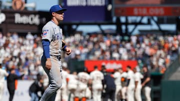 Aug 28, 2025; San Francisco, California, USA; Chicago Cubs third baseman Matt Shaw (6) walks off the field after the game against the San Francisco Giants at Oracle Park. Mandatory Credit: Sergio Estrada-Imagn Images