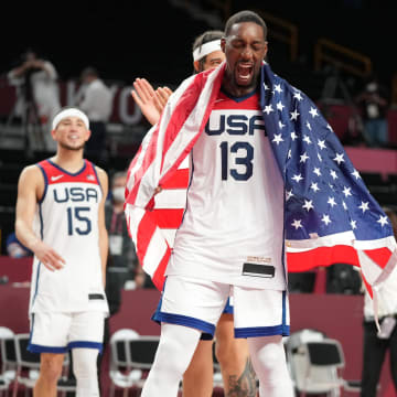 Aug 7, 2021; Saitama, Japan; USA player Bam Adebayo (13) reacts after winning the gold medal game during the Tokyo 2020 Olympic Summer Games at Saitama Super Arena. Mandatory Credit: Kyle Terada-USA TODAY Sports