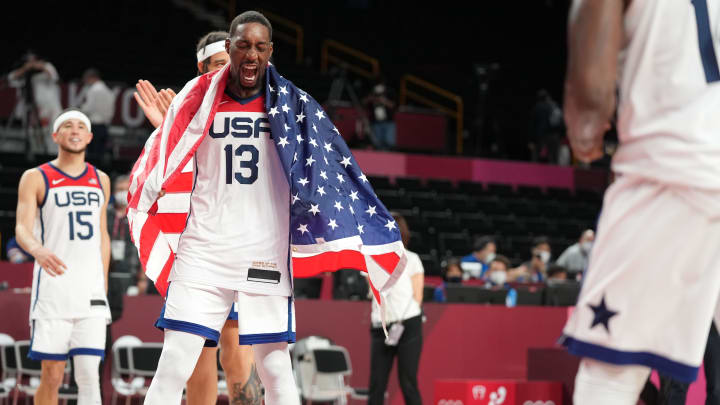 Aug 7, 2021; Saitama, Japan; USA player Bam Adebayo (13) reacts after winning the gold medal game during the Tokyo 2020 Olympic Summer Games at Saitama Super Arena. Mandatory Credit: Kyle Terada-USA TODAY Sports