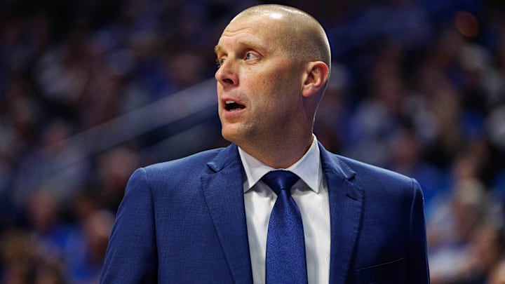 Nov 9, 2024; Lexington, Kentucky, USA; Kentucky Wildcats head coach Mark Pope looks on during the first half against the Bucknell Bison at Rupp Arena at Central Bank Center. Mandatory Credit: Jordan Prather-Imagn Images