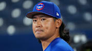 Aug 12, 2025; Toronto, Ontario, CAN; Chicago Cubs pitcher Shota Imanaga (18) walks onto the field during batting practice before a game against the Toronto Blue Jays at Rogers Centre. Mandatory Credit: Nick Turchiaro-Imagn Images