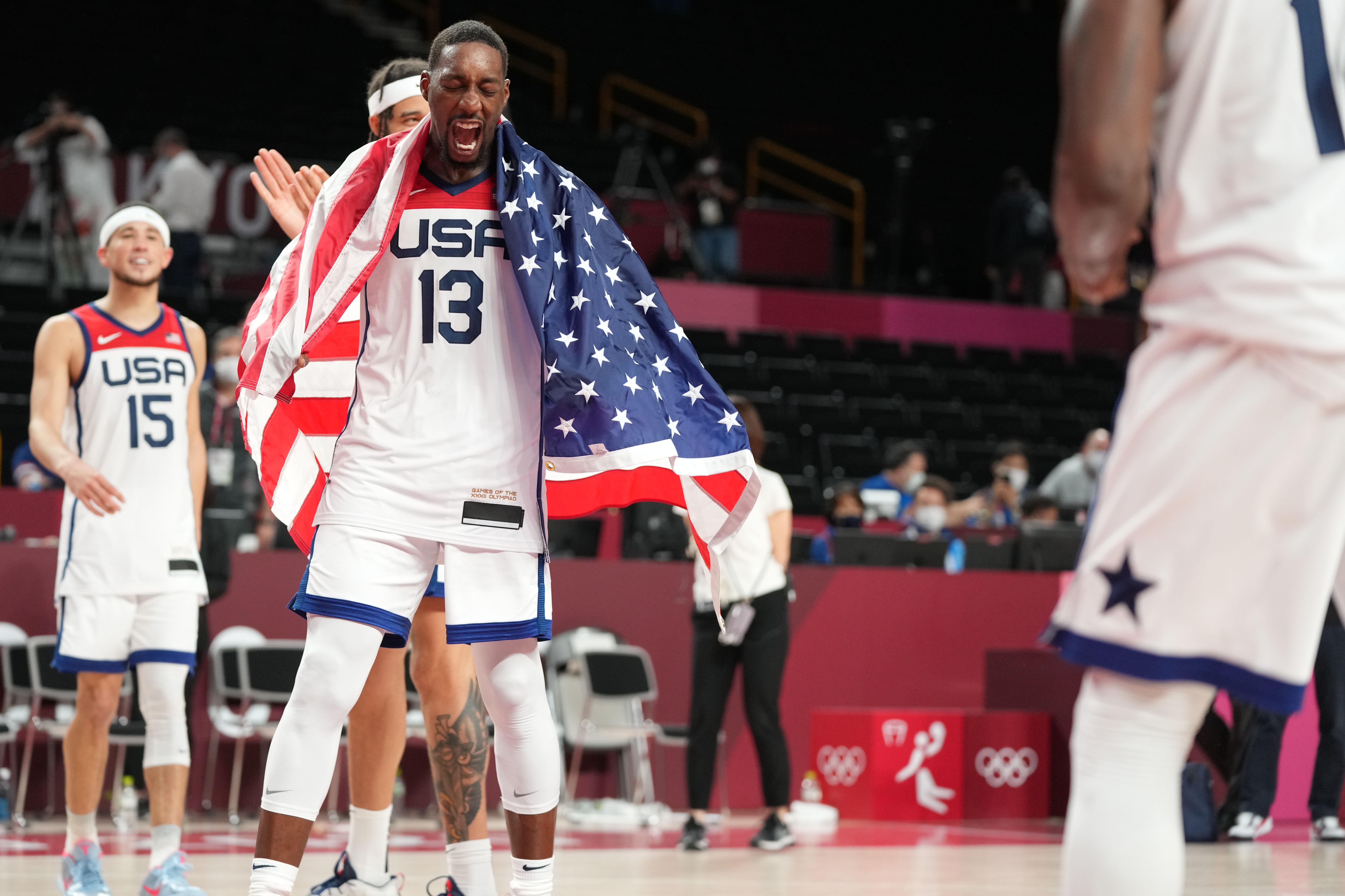 Team USA center Bam Adebayo reacts after winning the gold medal game.