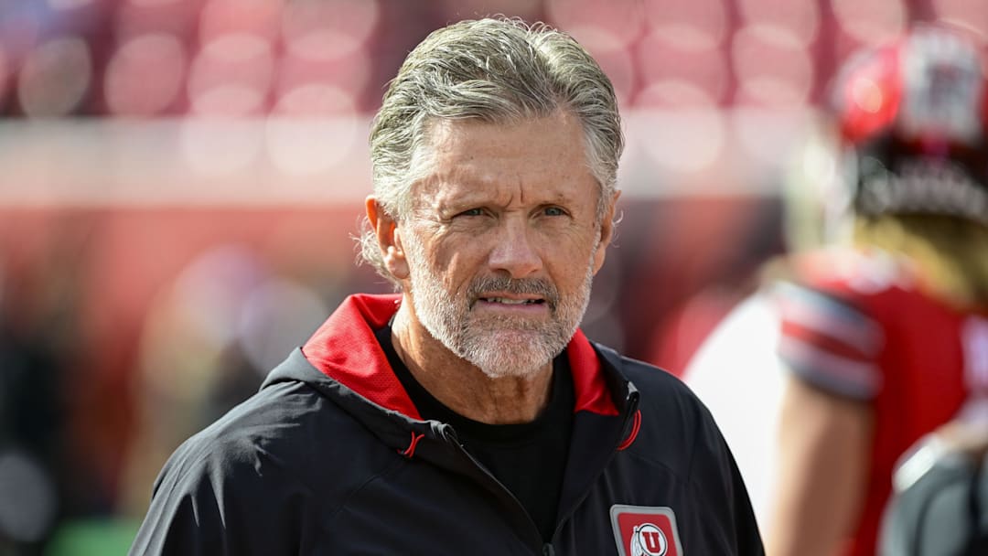 Oct 28, 2023; Salt Lake City, Utah, USA; Utah Utes head coach Kyle Whittingham looks on before a