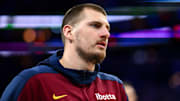 Jan 31, 2025; Philadelphia, Pennsylvania, USA; Denver Nuggets center Nikola Jokic (15)warms up before the game against the Philadelphia 76ers at Wells Fargo Center. Mandatory Credit: Kyle Ross-Imagn Images