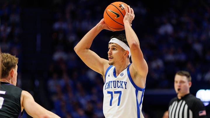Oct 29, 2024; Lexington, KY, USA; Kentucky Wildcats guard Kerr Kriisa (77) looks to pass the ball during the second half against the Minnesota State Mavericks at Rupp Arena. Mandatory Credit: Jordan Prather-Imagn Images