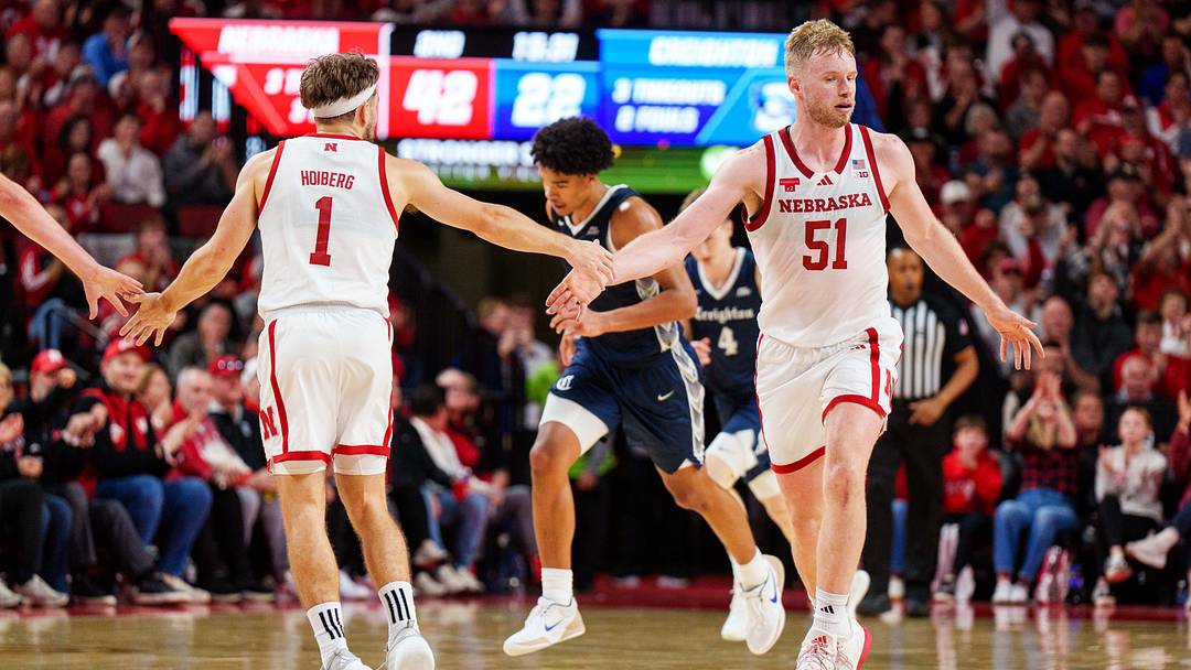 Nebraska's Sam Hoiberg (left) and Rienk Mast celebrate a three-pointer by Mast during the Huskers' win over Creighton in December 2025. Nebraska's Sam Hoiberg (left) and Rienk Mast celebrate a three-pointer by Mast during the Huskers' win over Creighton in December 2025.