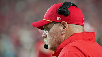 Sep 5, 2024; Kansas City, Missouri, USA; Kansas City Chiefs head coach Andy Reid watches play against the Baltimore Ravens during the game at GEHA Field at Arrowhead Stadium. Mandatory Credit: Denny Medley-Imagn Images