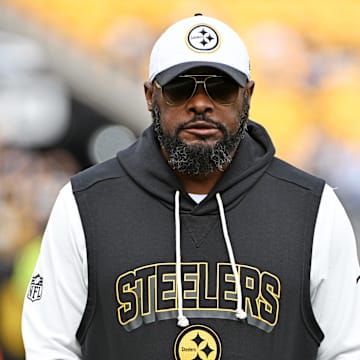 Nov 2, 2025; Pittsburgh, Pennsylvania, USA; Pittsburgh Steelers head coach Mike Tomlin looks on during warmups before the game against the Indianapolis Colts at Acrisure Stadium. Mandatory Credit: Barry Reeger-Imagn Images