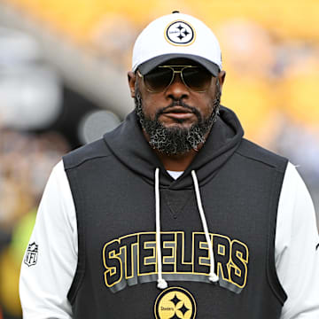 Nov 2, 2025; Pittsburgh, Pennsylvania, USA; Pittsburgh Steelers head coach Mike Tomlin looks on during warmups before the game against the Indianapolis Colts at Acrisure Stadium. Mandatory Credit: Barry Reeger-Imagn Images