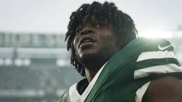 New York Jets edge rusher David Bailey (31) looks on after a game between the New York Jets and the Cleveland Browns at MetLife Stadium, Oct 11, 2026, East Rutherford, NJ, USA.