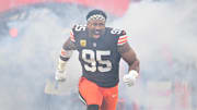 Nov 16, 2025; Cleveland, Ohio, USA; Cleveland Browns defensive end Myles Garrett (95) runs out during player introductions prior to a game against Baltimore Ravens at Huntington Bank Field. Mandatory Credit: Ken Blaze-Imagn Images