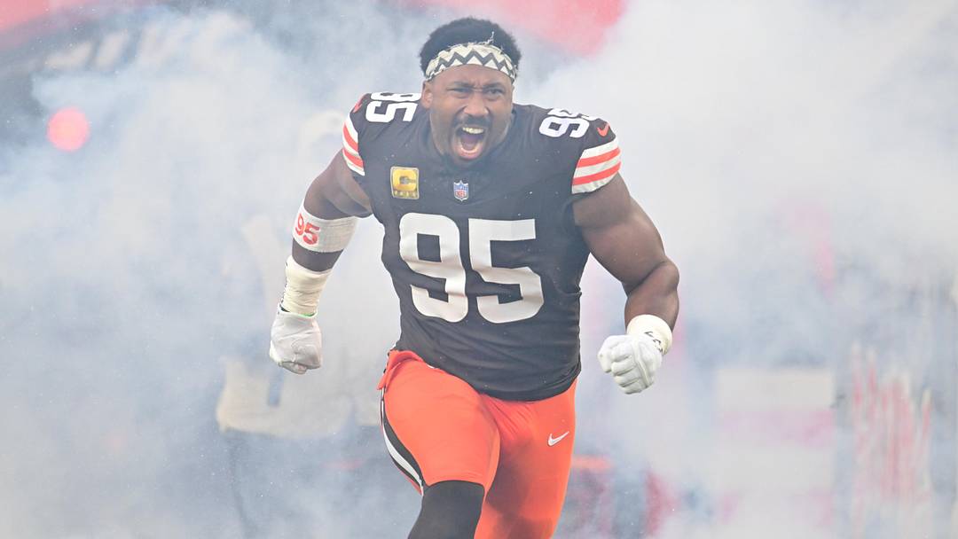 Nov 16, 2025; Cleveland, Ohio, USA; Cleveland Browns defensive end Myles Garrett (95) runs out during player introductions prior to a game against Baltimore Ravens at Huntington Bank Field. Mandatory Credit: Ken Blaze-Imagn Images