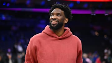 Nov 13, 2024; Philadelphia, Pennsylvania, USA; Philadelphia 76ers center Joel Embiid (21) looks on after the game against the Cleveland Cavaliers at Wells Fargo Center. Mandatory Credit: Kyle Ross-Imagn Images
