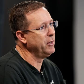 Bearcats head football coach Scott Satterfield talks about his new transfer players during a press conference at the University of Cincinnati’s Fifth Third Arena in Cincinnati on Tuesday, Feb. 13, 2024.