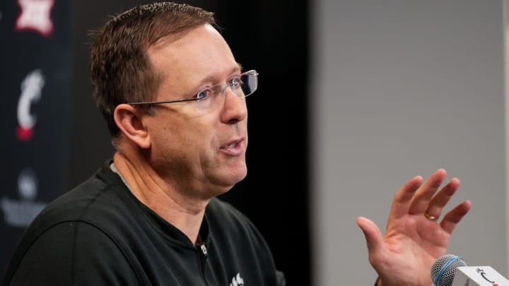 Bearcats head football coach Scott Satterfield talks about his new transfer players during a press conference at the University of Cincinnati’s Fifth Third Arena in Cincinnati on Tuesday, Feb. 13, 2024.