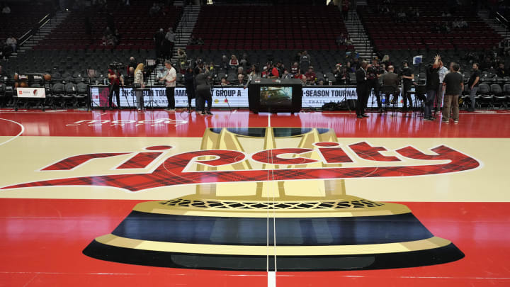 Nov 3, 2023; Portland, Oregon, USA; The Portland Trail Blazers logo at center court before the game against the Memphis Grizzlies at Moda Center. Mandatory Credit: Soobum Im-USA TODAY Sports