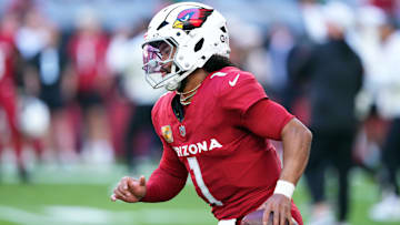 Nov 10, 2024; Glendale, Arizona, USA; Arizona Cardinals quarterback Kyler Murray (1) warms up before the game against the New York Jets at State Farm Stadium. Mandatory Credit: Joe Camporeale-Imagn Images