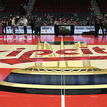 Nov 3, 2023; Portland, Oregon, USA; The Portland Trail Blazers logo at center court before the game against the Memphis Grizzlies at Moda Center. Mandatory Credit: Soobum Im-Imagn Images