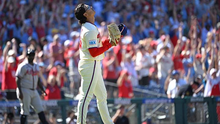 Sep 7, 2026; Philadelphia, Pennsylvania, USA; Philadelphia Phillies pitcher Jesús Luzardo (44) reacts after the final out in the ninth inning of win against the Atlanta Braves at Citizens Bank Park. Luzardo pitched a two-hit,  complete game shutout. Mandatory Credit: Eric Hartline-Imagn Images