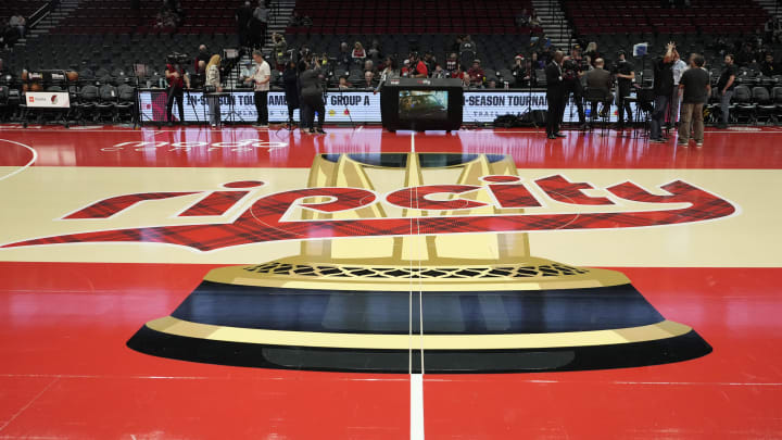 Nov 3, 2023; Portland, Oregon, USA; The Portland Trail Blazers logo at center court before the game against the Memphis Grizzlies at Moda Center. Mandatory Credit: Soobum Im-USA TODAY Sports