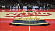 Nov 3, 2023; Portland, Oregon, USA; The Portland Trail Blazers logo at center court before the game.