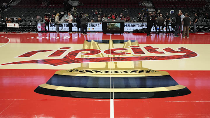 Nov 3, 2023; Portland, Oregon, USA; The Portland Trail Blazers logo at center court before the game against the Memphis Grizzlies at Moda Center. Mandatory Credit: Soobum Im-Imagn Images