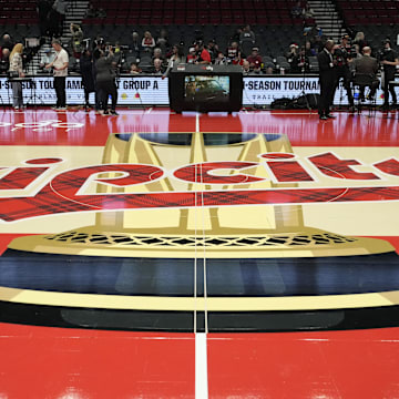 Nov 3, 2023; Portland, Oregon, USA; The Portland Trail Blazers logo at center court before the game against the Memphis Grizzlies at Moda Center. Mandatory Credit: Soobum Im-Imagn Images