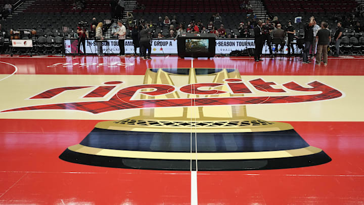 Nov 3, 2023; Portland, Oregon, USA; The Portland Trail Blazers logo at center court before the game against the Memphis Grizzlies at Moda Center. Mandatory Credit: Soobum Im-Imagn Images