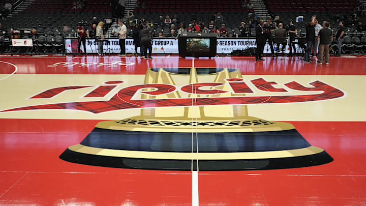 Nov 3, 2023; Portland, Oregon, USA; The Portland Trail Blazers logo at center court before the game against the Memphis Grizzlies at Moda Center. Mandatory Credit: Soobum Im-Imagn Images Nov 3, 2023; Portland, Oregon, USA; The Portland Trail Blazers logo at center court before the game against the Memphis Grizzlies at Moda Center. Mandatory Credit: Soobum Im-Imagn Images