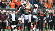 Oct 11, 2025; Corvallis, Oregon, USA; Oregon State Beavers quarterback Maalik Murphy (6) hands the ball to running back Anthony Hankerson (0) during the first quarter against the Wake Forest Demon Deacons at Reser Stadium. Mandatory Credit: Craig Strobeck-Imagn Images