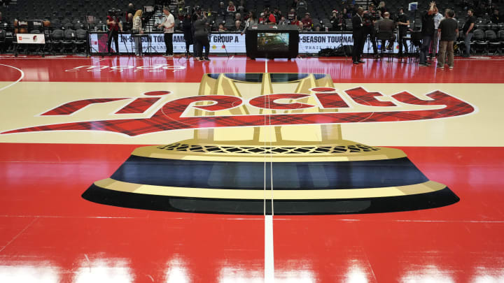 Nov 3, 2023; Portland, Oregon, USA; The Portland Trail Blazers logo at center court before the game against the Memphis Grizzlies at Moda Center. Mandatory Credit: Soobum Im-USA TODAY Sports