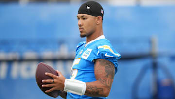 Jul 21, 2025; El Segundo, CA, USA; Los Angeles Chargers quarterback Trey Lance (5) at training camp at The Bolt. Mandatory Credit: Kirby Lee-Imagn Images