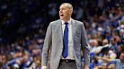 Mar 1, 2025; Lexington, Kentucky, USA; Kentucky Wildcats head coach Mark Pope yells to his players during the second half against the Auburn Tigers at Rupp Arena at Central Bank Center. Mandatory Credit: Jordan Prather-Imagn Images