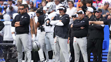 Sep 17, 2023; Orchard Park, New York, USA; Las Vegas Raiders head coach Josh McDaniels looks on from
