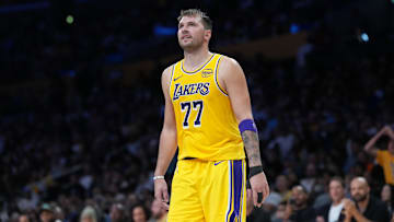 Oct 24, 2025; Los Angeles, California, USA; Los Angeles Lakers guard Luka Doncic (77) reacts in the second half against the Minnesota Timberwolves at Crypto.com Arena. Mandatory Credit: Kirby Lee-Imagn Images