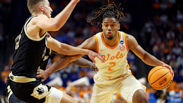 Mar 20, 2025; Lexington, KY, USA; Tennessee Volunteers guard Chaz Lanier (2) drives to the basket against Wofford Terriers forward Jeremy Lorenz (32) during the first half in the first round of the NCAA Tournament at Rupp Arena. Mandatory Credit: Jordan Prather-Imagn Images