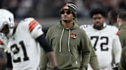 Nov 23, 2025; Paradise, Nevada, USA; Cleveland Browns quarterback Deshaun Watson watches on the sidelines against the Las Vegas Raiders in the second half at Allegiant Stadium. Mandatory Credit: Kirby Lee-Imagn Images