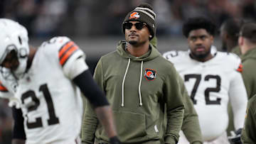 Nov 23, 2025; Paradise, Nevada, USA; Cleveland Browns quarterback Deshaun Watson watches on the sidelines against the Las Vegas Raiders in the second half at Allegiant Stadium. Mandatory Credit: Kirby Lee-Imagn Images