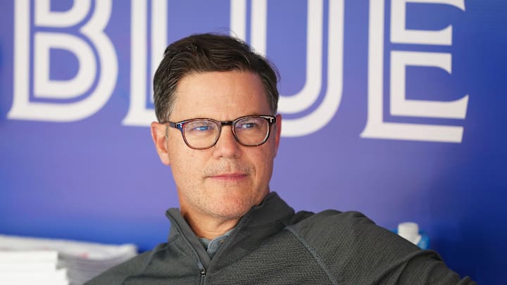 May 31, 2023; Toronto, Ontario, CAN; General Manager of the Toronto Blue Jays Ross Atkins watches batting practice against the Milwaukee Brewers at Rogers Centre. Mandatory Credit: Nick Turchiaro-Imagn Images