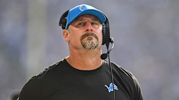 Oct 20, 2024; Minneapolis, Minnesota, USA; Detroit Lions head coach Dan Campbell looks on during the first quarter against the Minnesota Vikings at U.S. Bank Stadium. Mandatory Credit: Jeffrey Becker-Imagn Images