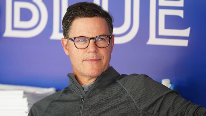 May 31, 2023; Toronto, Ontario, CAN; General Manager of the Toronto Blue Jays Ross Atkins watches batting practice against the Milwaukee Brewers at Rogers Centre. Mandatory Credit: Nick Turchiaro-Imagn Images