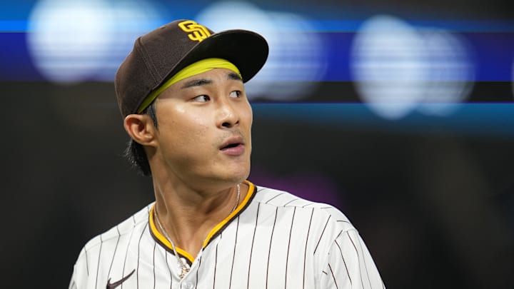 Jul 25, 2023; San Diego, California, USA; San Diego Padres second baseman Ha-Seong Kim (7) leaves the field during the sixth inning against the Pittsburgh Pirates at Petco Park. Mandatory Credit: Ray Acevedo-Imagn Images