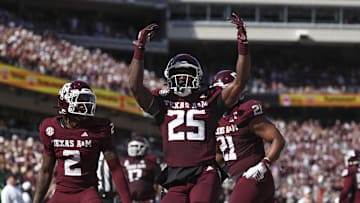 Nov 15, 2025; College Station, Texas, USA; Texas A&M Aggies safety Dalton Brooks (25) reacts after an interception during the second quarter against the South Carolina Gamecocks at Kyle Field. Mandatory Credit: Troy Taormina-Imagn Images